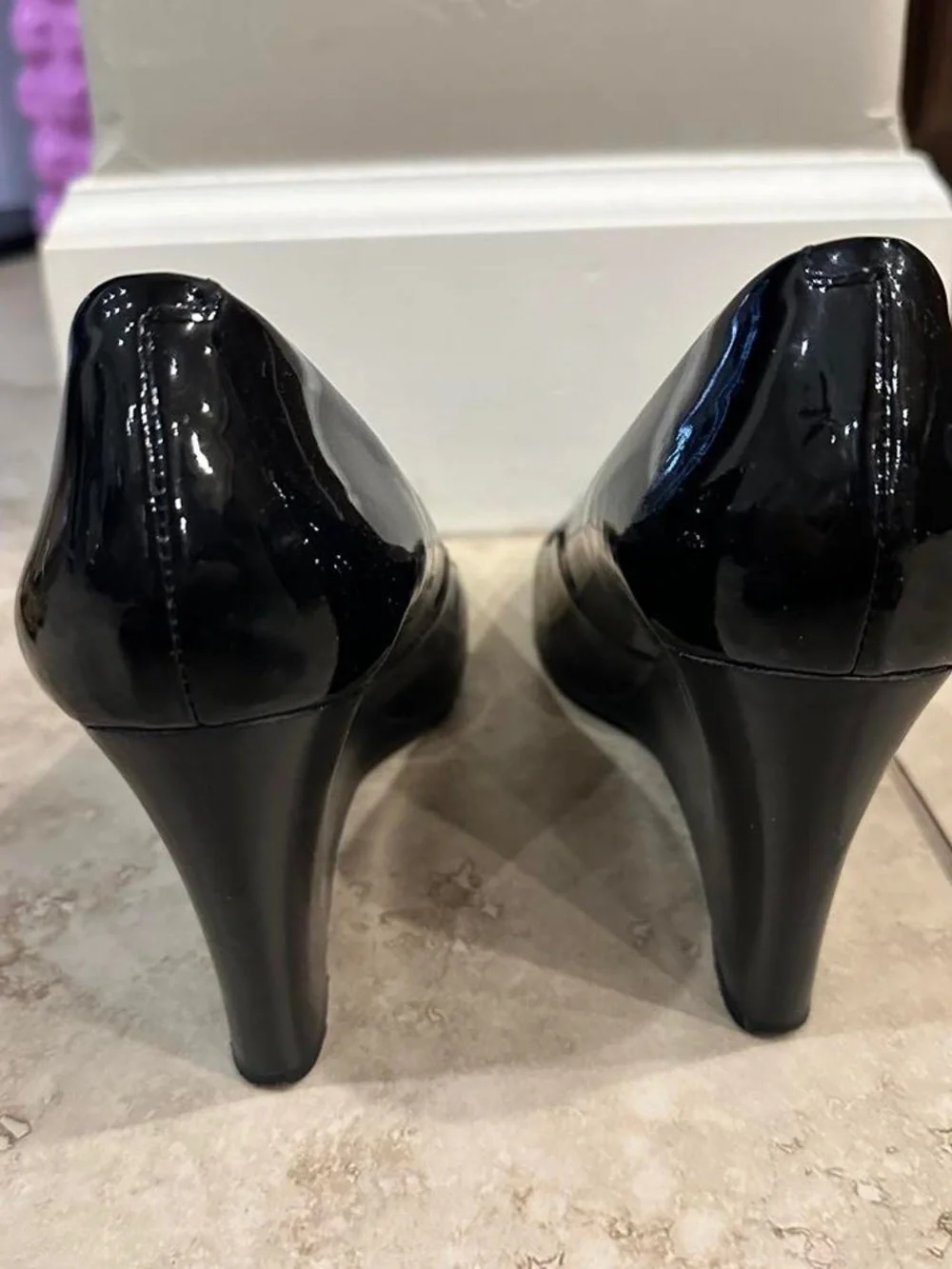 Tory Burch Black Patent Leather Peep-Toe Wedge with Gold Logo